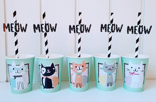 Vasos Gatitos Descartable Set X 5 + 5 Sorbetes