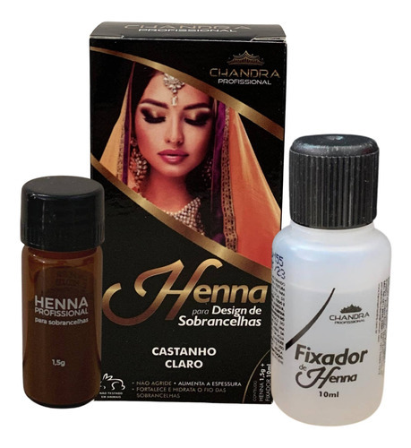 Kit De Henna Profissional Com Navalha Pincel Chandra 1,5g Pó Cor Castanho Claro