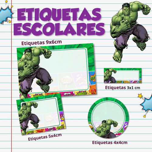 Etiqueta Para Material Escolar Adesivo Hulk - Kit 200 Unid
