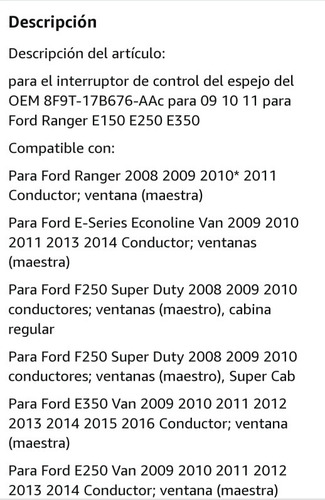 Imagen 8 de 8 de Mando Control De Espejos Retrovisores Ford Ranger Y Otros