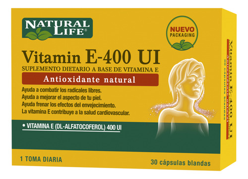 Suplemento Natural Life E-400IU vitaminas suplemento en cápsulas