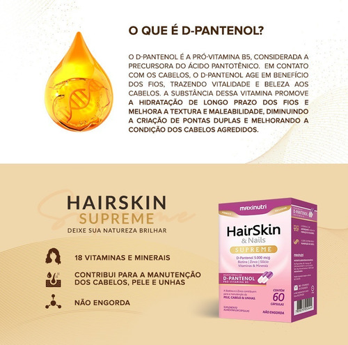 Imagem 4 de 7 de Hair Skin & Nails Supreme D-pantenol 5000mcg 60 Cápsulas