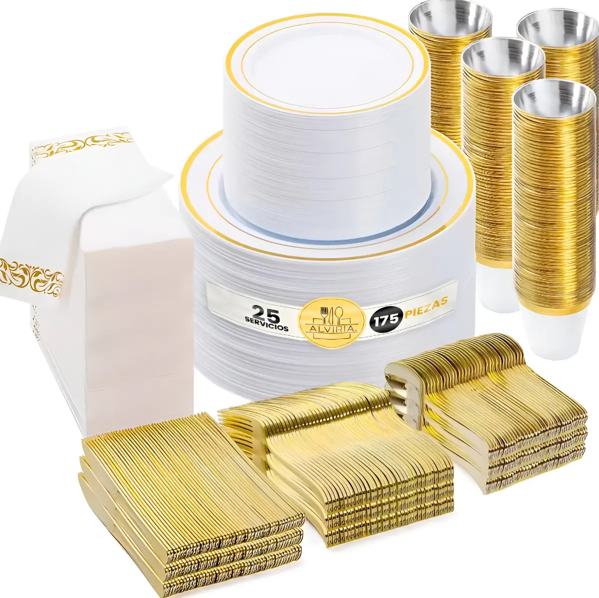 Juego De Vajilla Desechable Elegante Para 25 Personas. 175pz Color Dorado Lisa