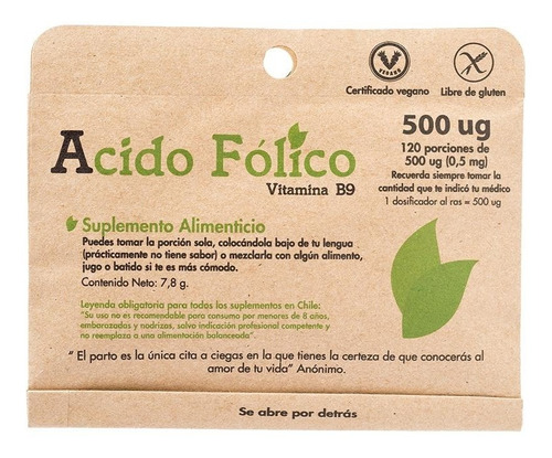 Acido Folico / Vitamina B9 / 120 Serv. / Gestacion O Niños