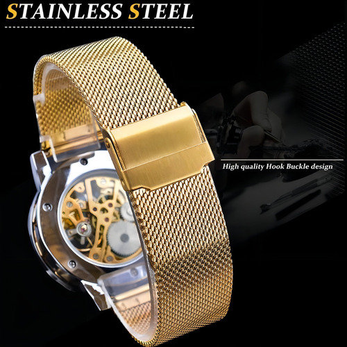 Relojes de pulsera mecánicos Forsining 1201 Skeleton, color de fondo dorado
