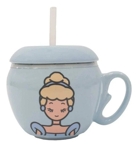 Taza Disney Princesas De Cerámica Con Tapa 240ml 1pz Color Azul Claro Cenicienta