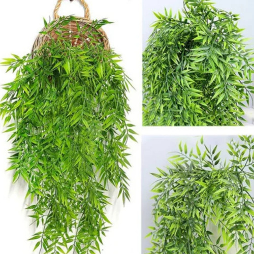 Kit 2 Pendentes Planta Artificial Decoração Folha De Bambu Cor Verde