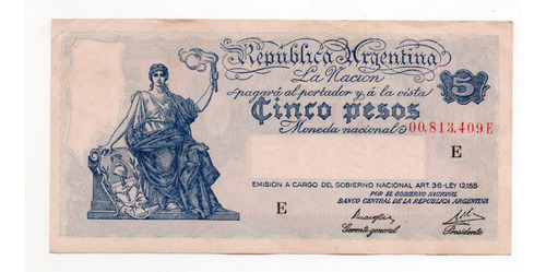 Billete 5 Pesos Moneda Nacional Progreso Bottero 1855 Ex+