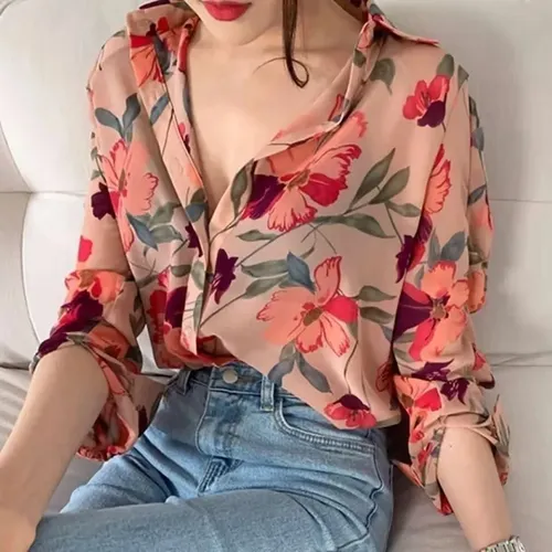 Blusa Floral De Chifón Para Mujer, Camisa De Manga Larga