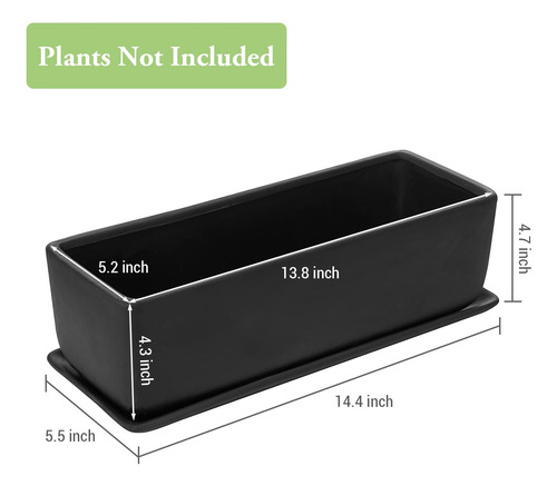 Maceta Rectangular Moderna De Cerámica Negra De 14 Pulgadas