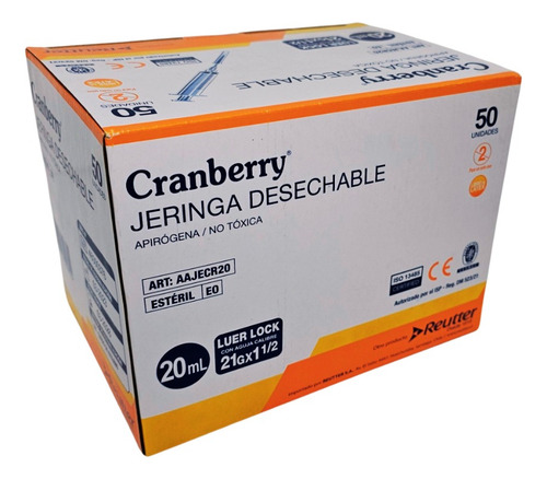 Jeringa 20ml 21g X 1 1/2 Luer Lock Desechable Cranberry