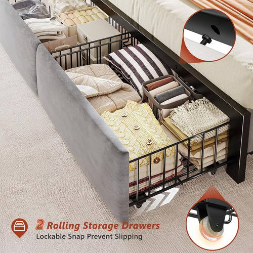 Base De Cama King Size Cajones Luz Led Gris Enhomme