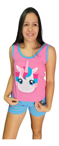 Pijama Feminino Regata Calor Verão Baby Doll Unicornio Short