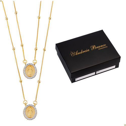 Escapulário Feminino Com Imagem De Nossa Senhora Das Graças Com Pedras De Zircônia Corrente Veneziana De 70 Cm Banhado À Ouro 18k E Antialérgico