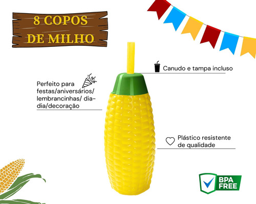 Kit 8 Copos Milho 300ml C/canudo Festa Junina Decoração Agu