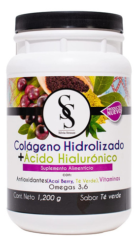 Suplemento en polvo Silvia Strauss  Colageno Hidrolizado + Acido Hialuronico colágeno sabor té verde en botella de 1200mL