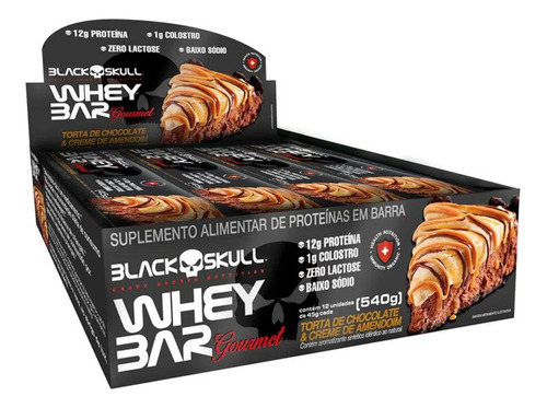 Whey Bar Gourmet C/ Colostro - Display C/12 - Black Skull  Sabor Torta De Chocolate E Amendoim