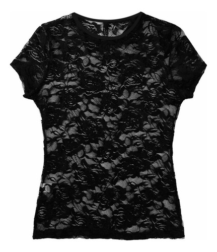 Camiseta Corta De Manga Corta Con Encaje De Malla Transparen
