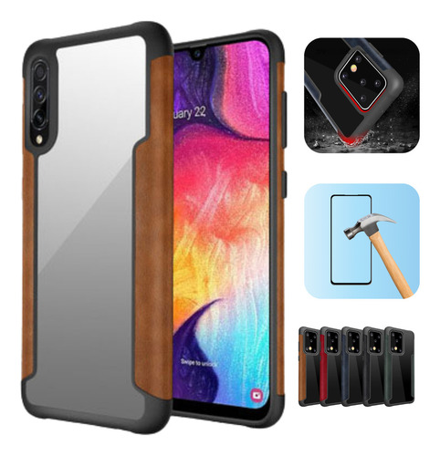 Funda Para Galaxy A50 Con Mica Varios Modelos Antigolpes Marrón Piel Color