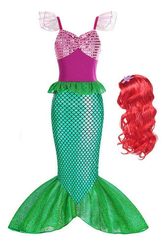 Vestido De Princesa Sirena Ariel Para Niña Con Peluca