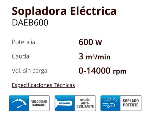 Imagen 2 de 9 de Soplador Sopladora Daewoo Daeb600 Eléctrica 600w 240v