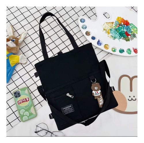 Bolso Tote Universitario Colegio Mujer Osito Colgante Charm Negro Lisa