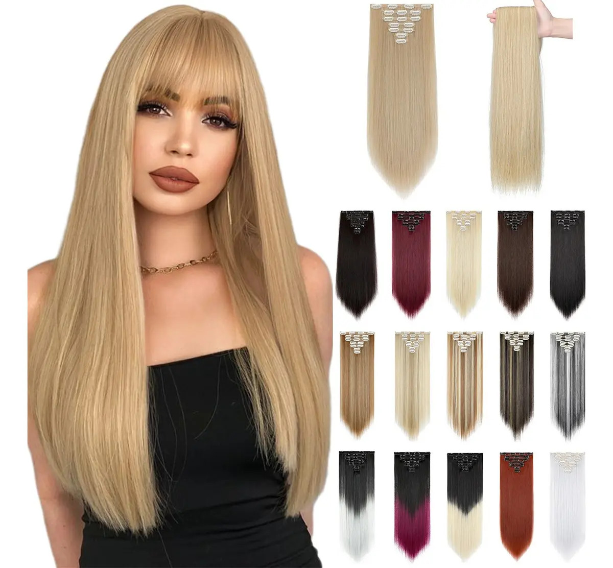 Imagen de Extensiones De Cabello Con Clip De Cabeza Completa,7 Piezas Color 22/88# Rubio Rayas