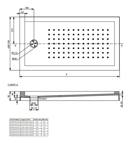 Receptáculo Con Soporte Inferior 150 X 70 X 9 Cm