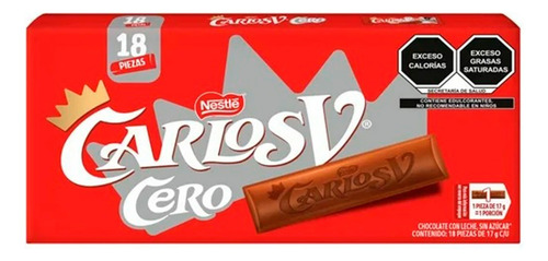 Carlos V Cero Chocolate Con Leche Sin Azúcar 18 Pz 17 Gr C/u