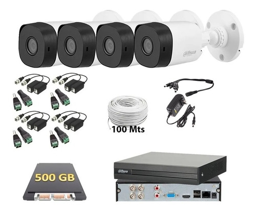 Imagen 1 de 6 de Kit Circuito Cerrado 4 Cámaras Dahua 1080p 500 Gb Utp 100 M