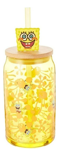 Vaso De Vidrio Bob Esponja Con Tapa Y Popote Original Nickel