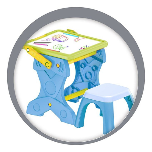 Mesa De Desenho E Lousa Quadro Didático 2 Em 1 C/ Banquinho Cor Azul