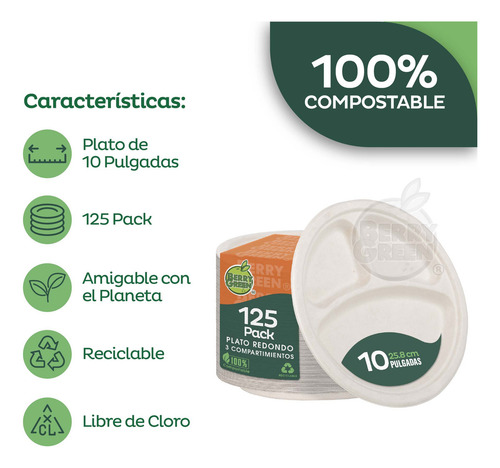 Berry Green 125 platos grandes con divisiones 25.8 cm (10 pulgadas) compostables de fibra de caña de azúcar resistentes a líquidos ecológicos ideales para comidas completas