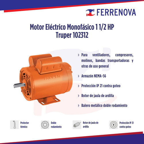 Motor Eléctrico Monofásico 1 1/2 Hp, Alta Vel, Truper 102312