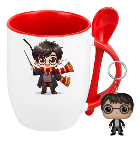 Taza Harry Potter Hogwarts Quidditch Mago+ Cuchara+ Llavero Rojo Harry Potter