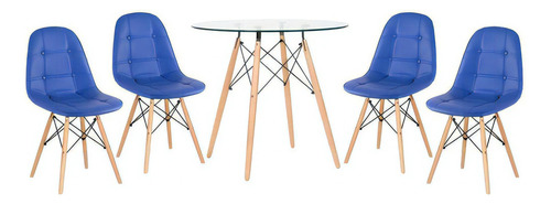 Kit Mesa Vidro Jantar Eames 80 Cm 4 Cadeiras Estofada Botone Cor Azul