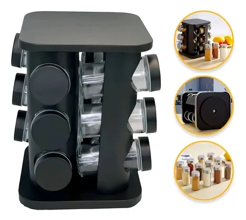 Porta Temperos Giratório Preto Em Casa Tem com 12 Potes Vidro 85ml