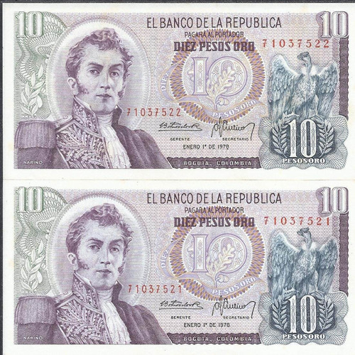 Colombia Dúo De Números Consecutivos, 10 Pesos 1 Enero 1978