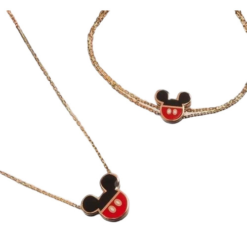 Conjunto Collar Y Pulsera Mickey Mouse Bañado En Oro