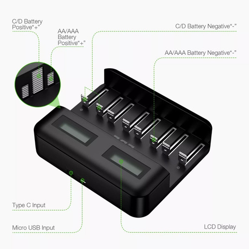 Imagen 5 de 8 de Cargador Universal Pilas Aa Aaa C D Usb Inteligente Lcd Ebl