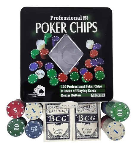 Juego De Poker Professional 100 Fichas Cartas Estuche Lata