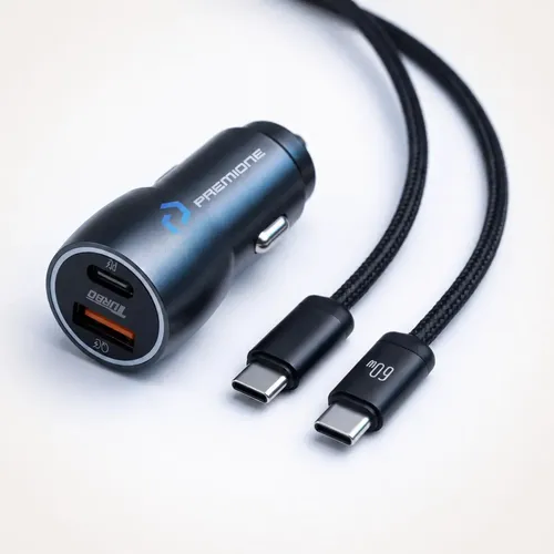 Carregador Veicular Turbo 60w Usb-c Pro Preto + Cabo Duas Portas Usb 3.0 + Usb-c Led Premium Compatível Com iPhone E Android Ios Super Rápido Carros Veículos Carrega 2 Celulares Ju