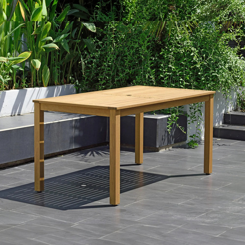 Mesa de Madera con Acabado de Teca para Exterior y Jardin, con Orificio para Sombrilla