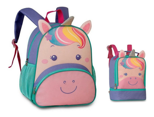 Kit Mochila Infantil + Lancheira Animais Porco Espinho 2020 Cor Unicórnio Verde