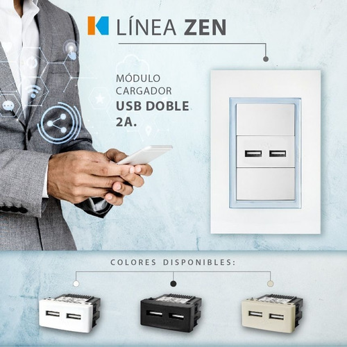 Imagen 3 de 6 de Modulo Cargador Usb Doble Negro Kalop Con Bastidor