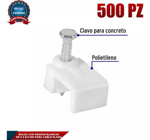 Bolsa con 500 grapas blancas de 5 X 8.5 mm para cable plano, Grapas, 43045