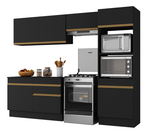 Armário Cozinha Compacta Rodapé 4 Pç Mp2193 Made Multimóveis Cor Preto/Dourado