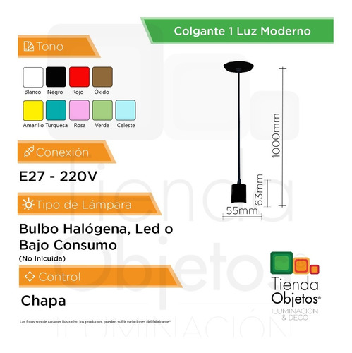 Imagen 4 de 7 de Lampara Colgante 1 Luz Bulbo Led E27 9 Colores Techo Bell05