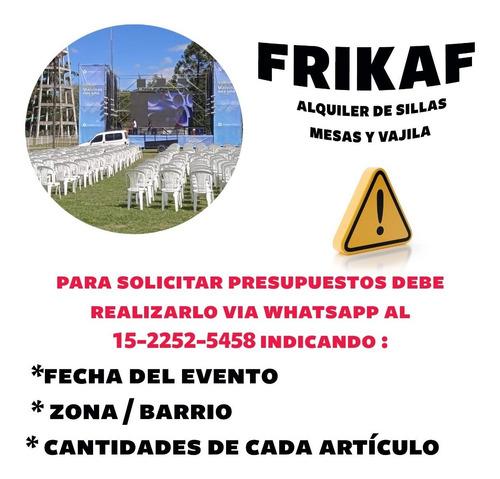 Imagen 8 de 10 de Alquiler Sillas Plastico Mesas Vajilla Fiesta Evento Cabagba