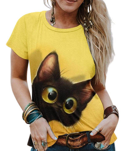 Camiseta De Manga Corta Suelta Con Estampado De Gato En 3d P